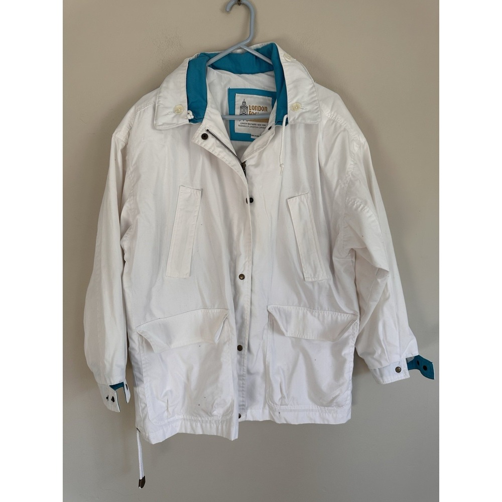 Vintage London Fog Women's Jacket 1X White Turquoise Hood Rain Coat Parka Anorak